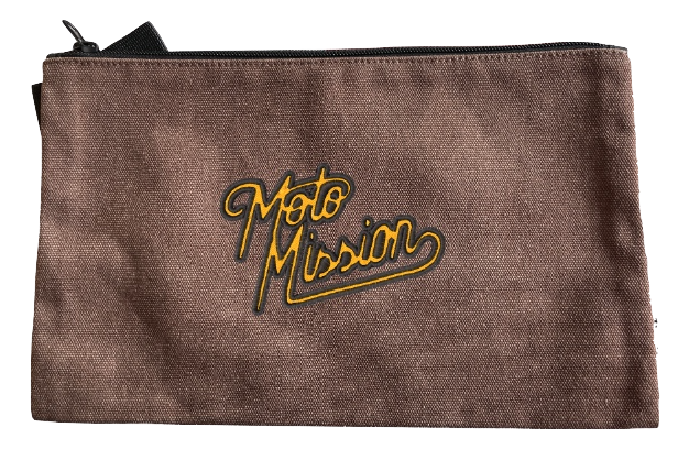Brown pouch with 'Moto Mission' printed
