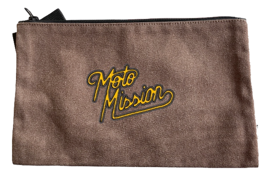 Brown pouch with 'Moto Mission' printed